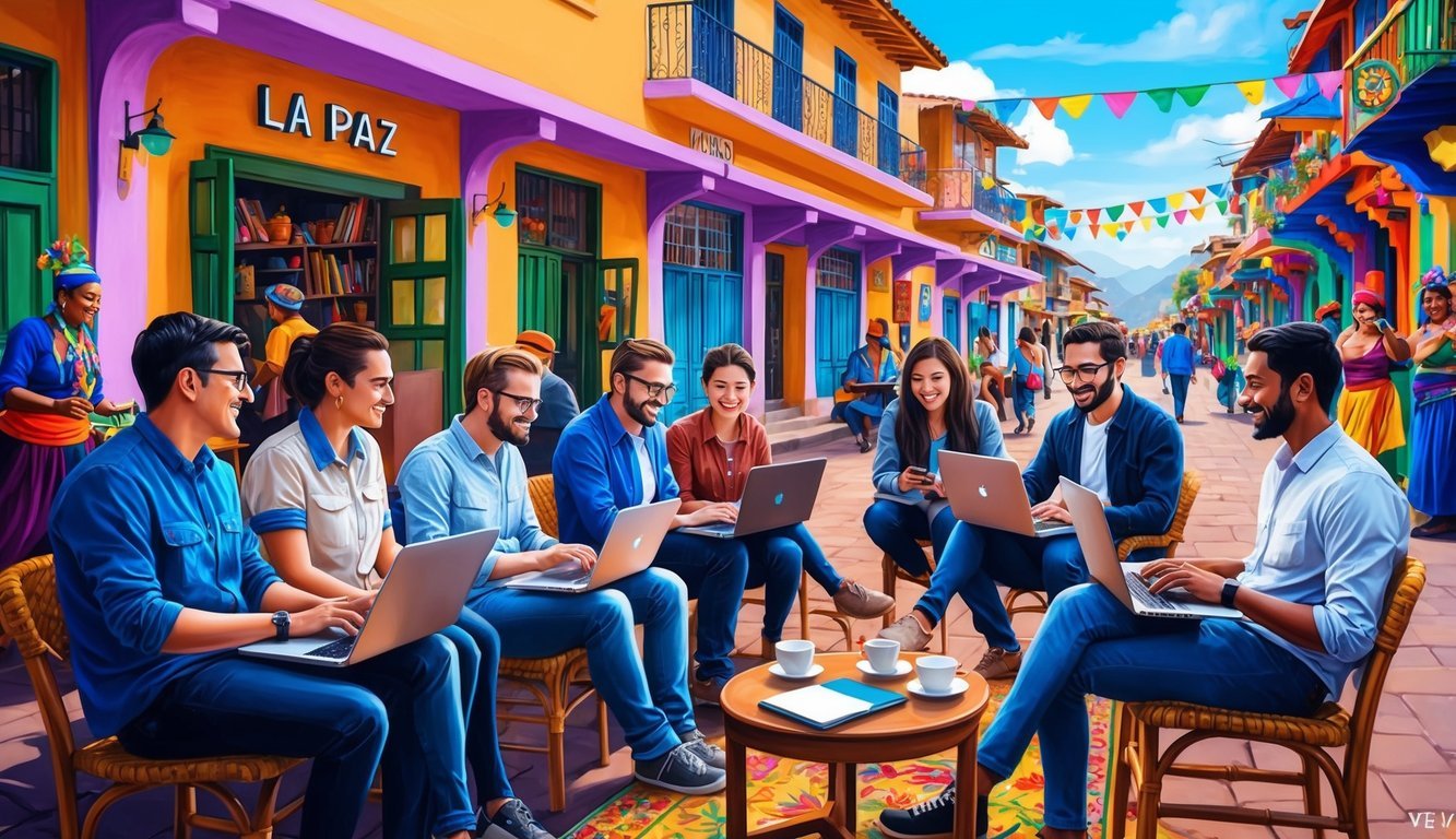 A group of digital nomads gather in a vibrant La Paz cafe, working on laptops and chatting over cups of coca tea.</p><p>Outside, the bustling streets are lined with colorful markets and lively street performers