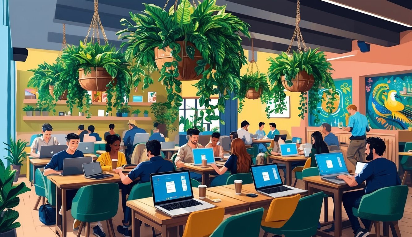 A cozy cafe in São Paulo, bustling with laptop-wielding digital nomads.</p><p>Lush greenery spills from hanging planters, and colorful murals adorn the walls.</p><p>The aroma of freshly brewed coffee fills the air