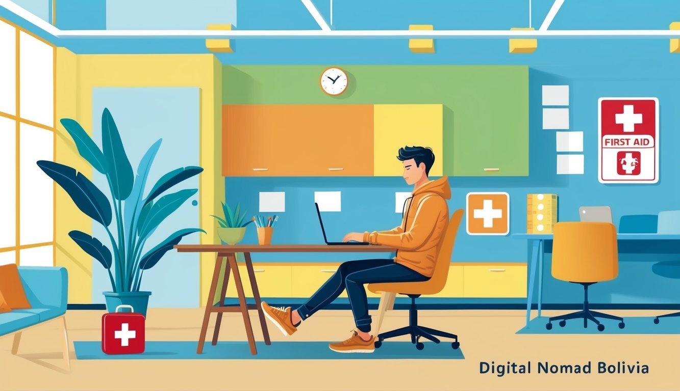 A digital nomad working at a desk in a bright, modern co-working space in La Paz, Bolivia, with safety signage and first aid kit visible