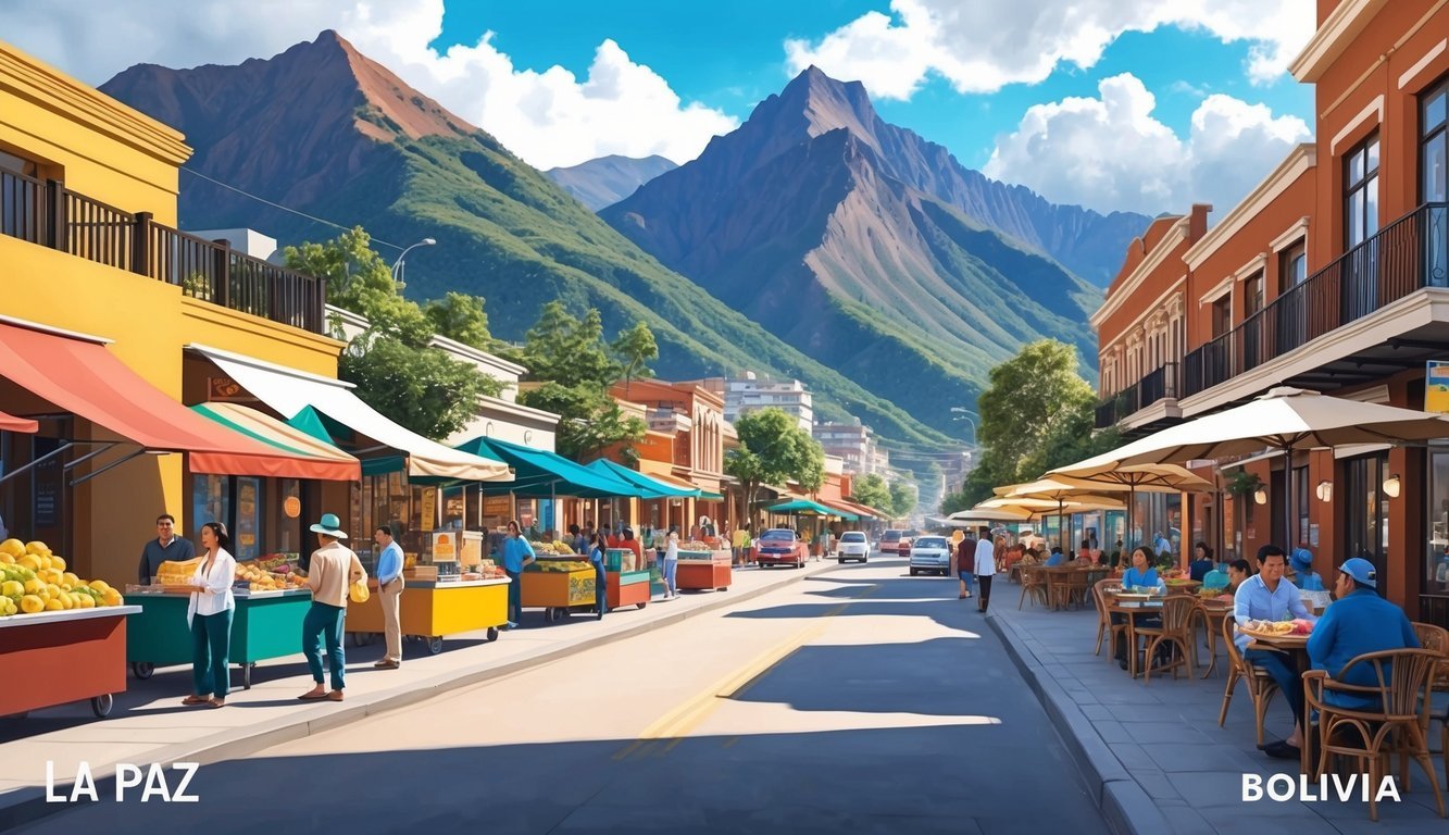 A bustling street in La Paz, Bolivia, with colorful market stalls and modern cafes, surrounded by the towering Andes mountains