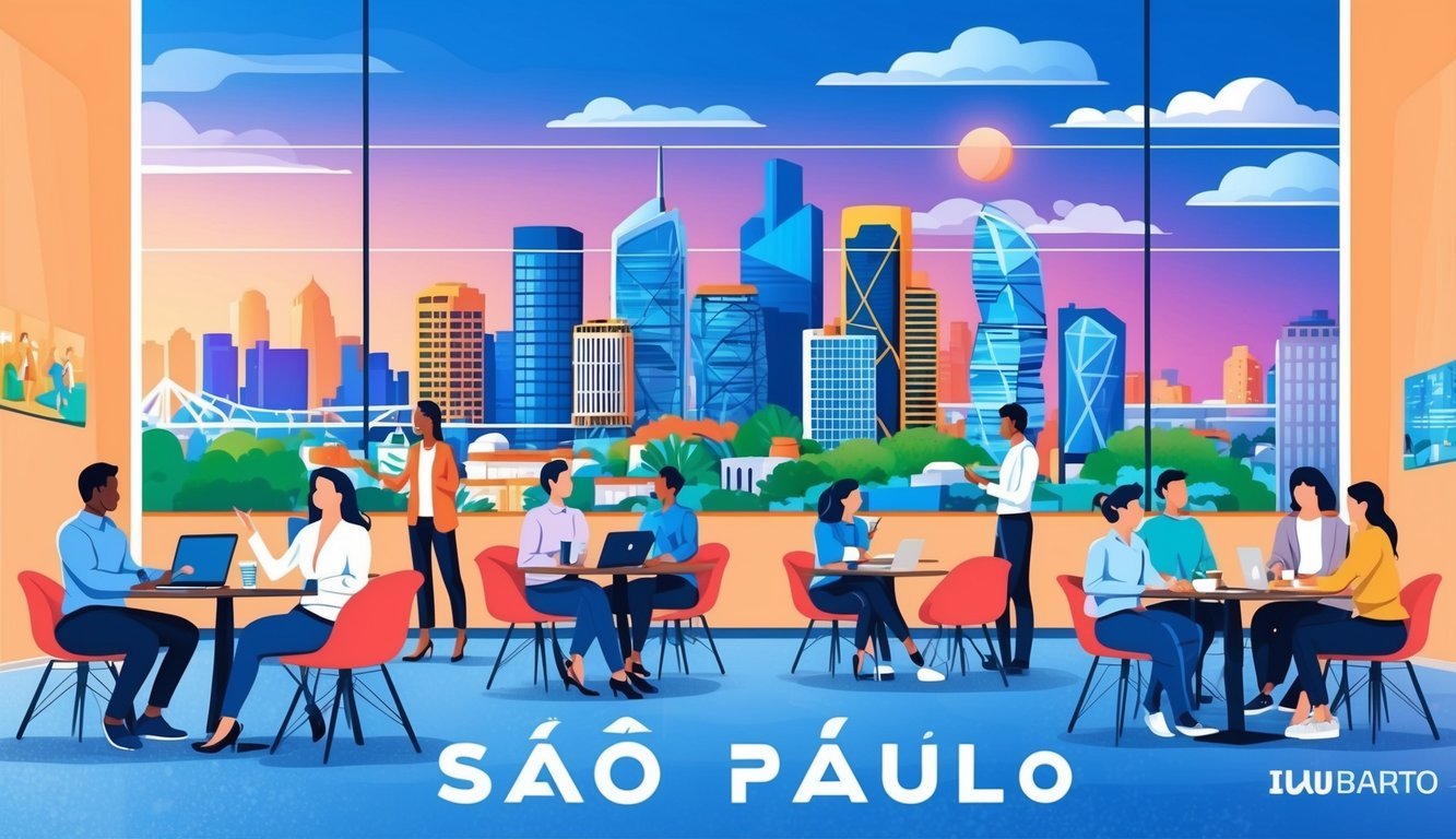 A bustling co-working space in São Paulo, with people networking, collaborating, and enjoying the vibrant city skyline