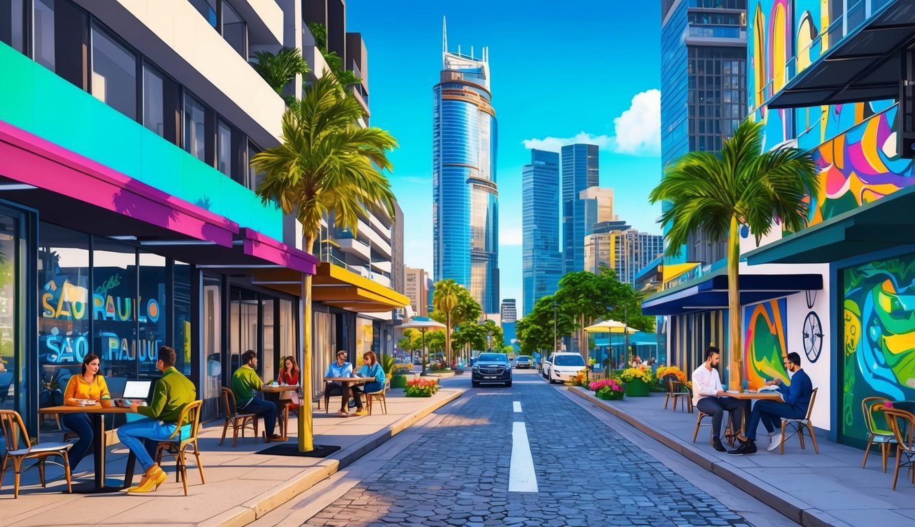 A bustling São Paulo street with modern skyscrapers and vibrant street art, with digital nomads working in trendy cafes and co-working spaces