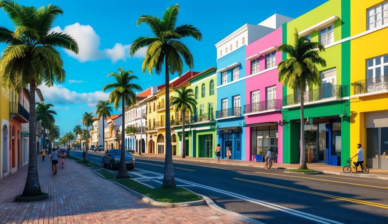 The vibrant streets of Recife, Brazil, bustling with colorful buildings, palm trees, and modern co-working spaces, attract digital nomads seeking a lively and inspiring work environment