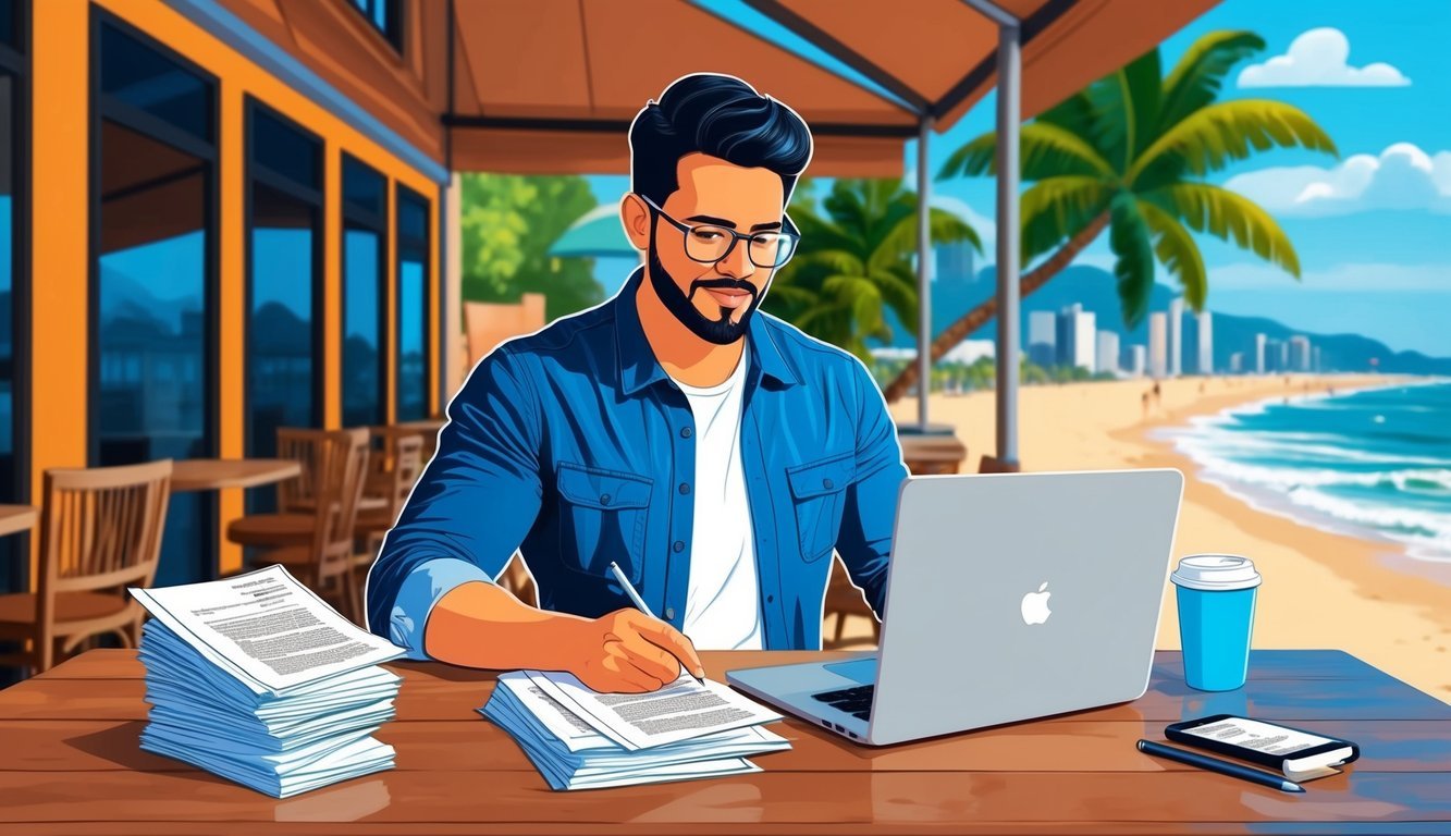 A digital nomad researching legal documents with a laptop in a beachside cafe in Recife, Brazil
