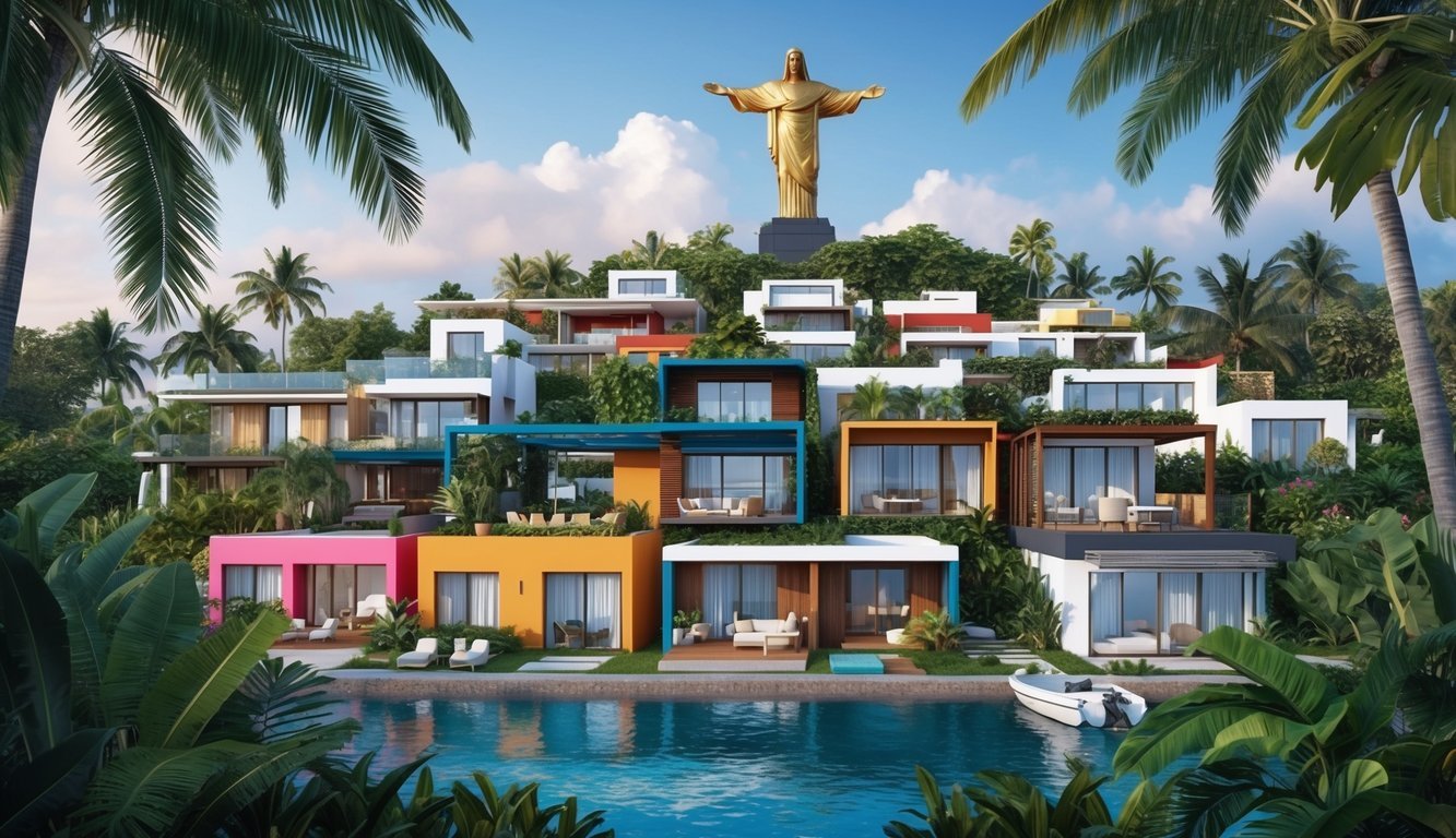 A colorful array of modern and traditional dwellings nestled among lush tropical foliage, with the iconic Christ the Redeemer statue in the background