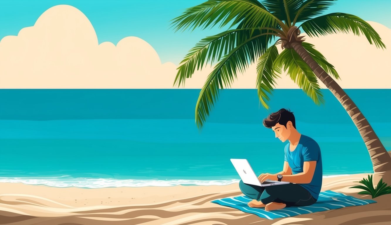 A digital nomad works on a laptop under a palm tree on a sandy beach in Recife, Brazil.</p><p>The turquoise ocean stretches out to the horizon