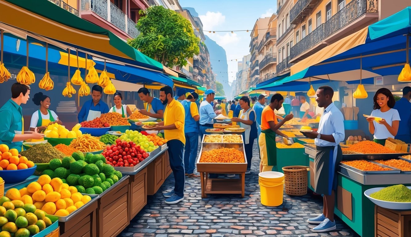 A bustling street market in Rio de Janeiro, filled with colorful fruits, exotic spices, and sizzling street food stalls.</p><p>The aroma of Brazilian cuisine fills the air as digital nomads sample local delicacies