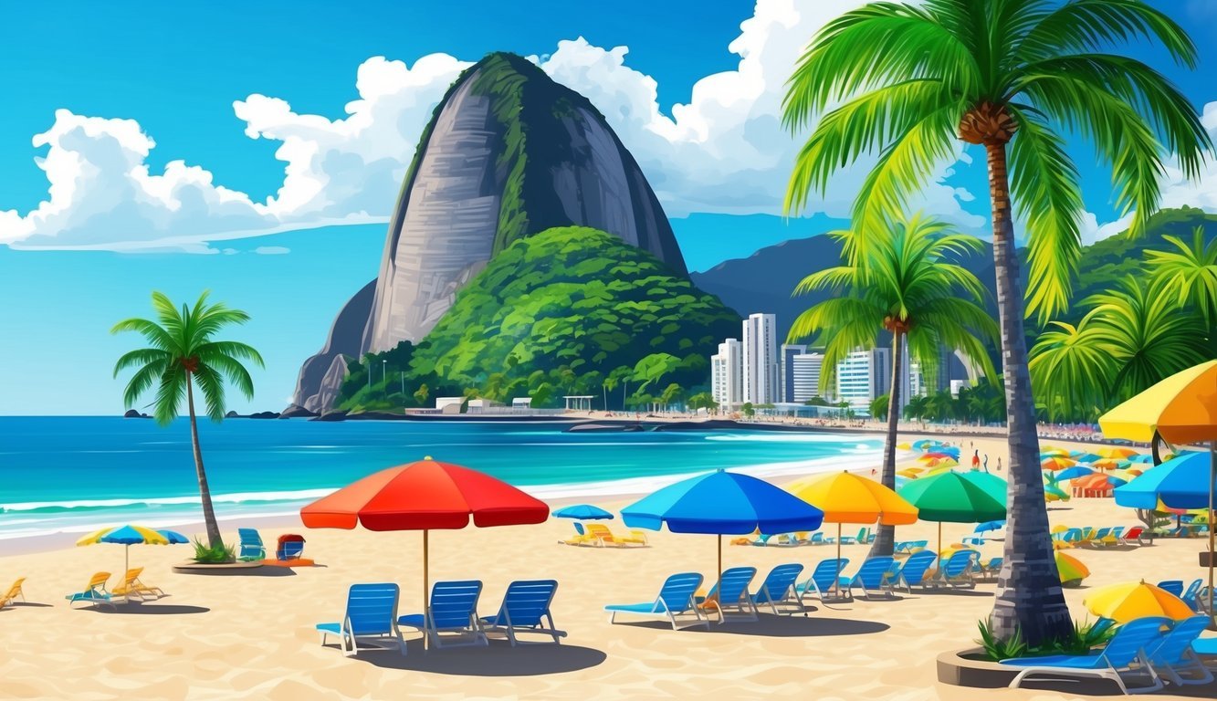A vibrant beach scene in Rio de Janeiro with colorful umbrellas, palm trees, and the iconic Sugarloaf Mountain in the background