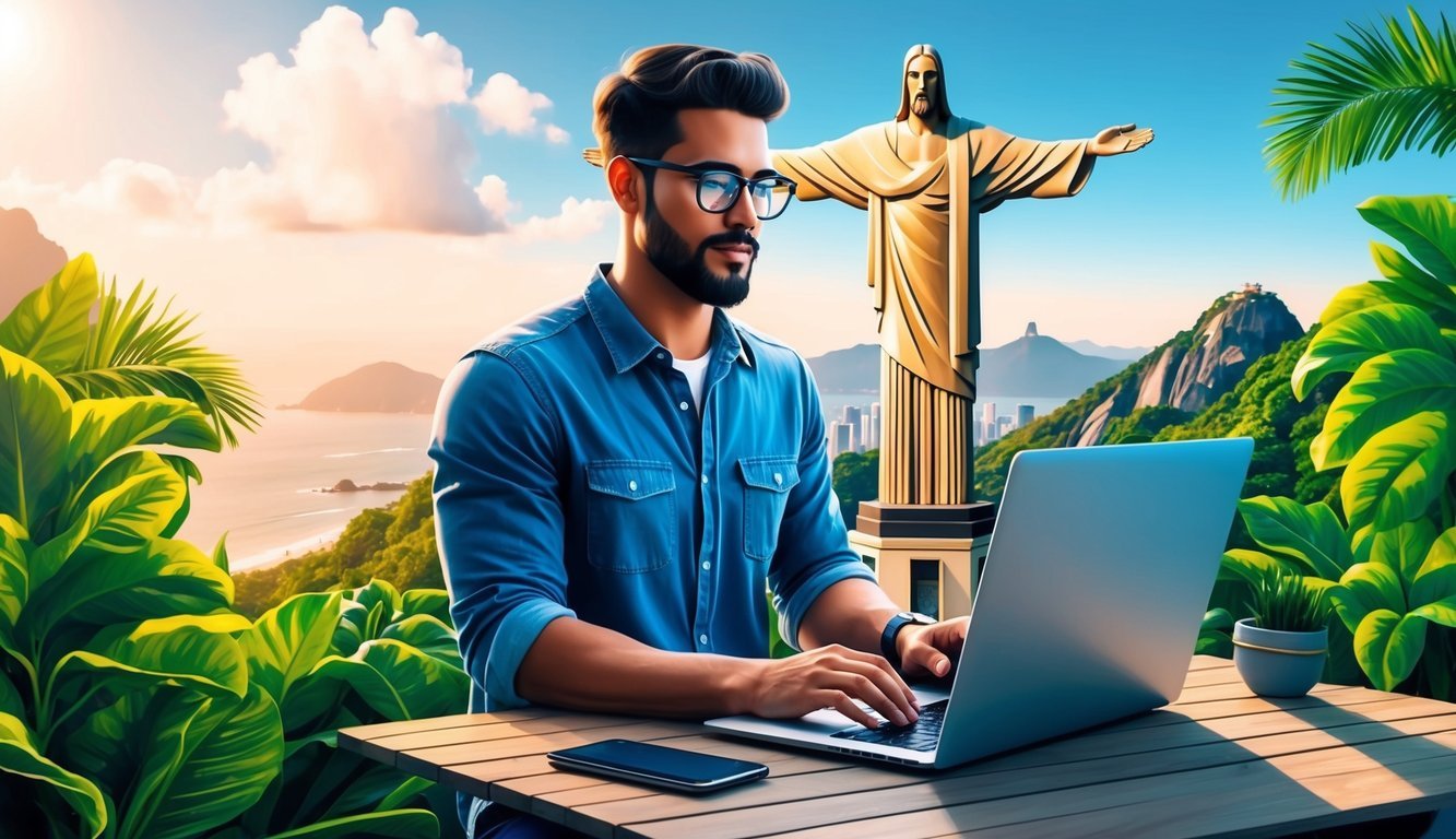 A digital nomad works on a laptop while surrounded by lush greenery and the iconic Christ the Redeemer statue in Rio de Janeiro