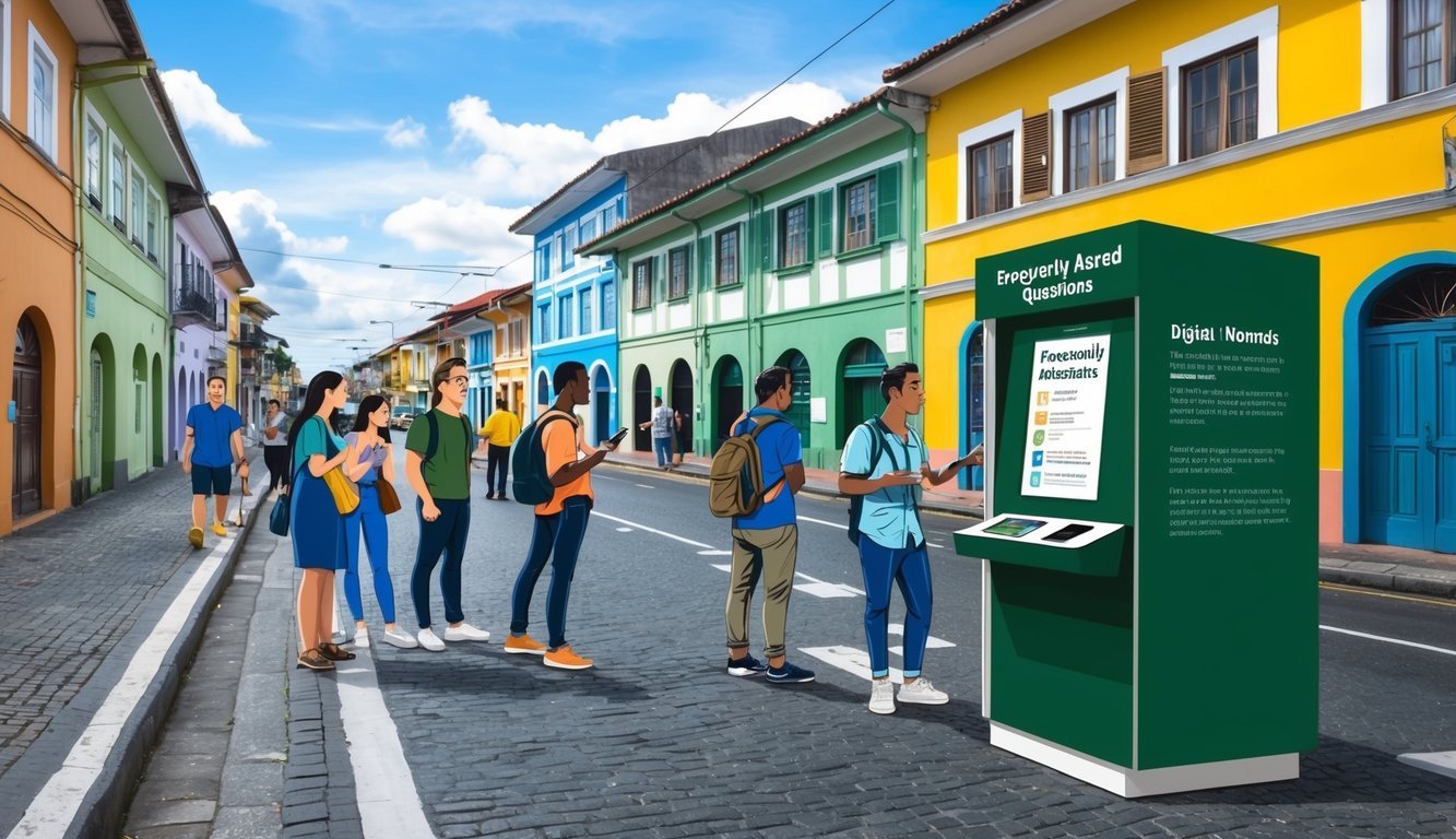 A bustling street in Recife, Brazil, lined with colorful buildings and bustling with digital nomads seeking information at a "Frequently Asked Questions" kiosk