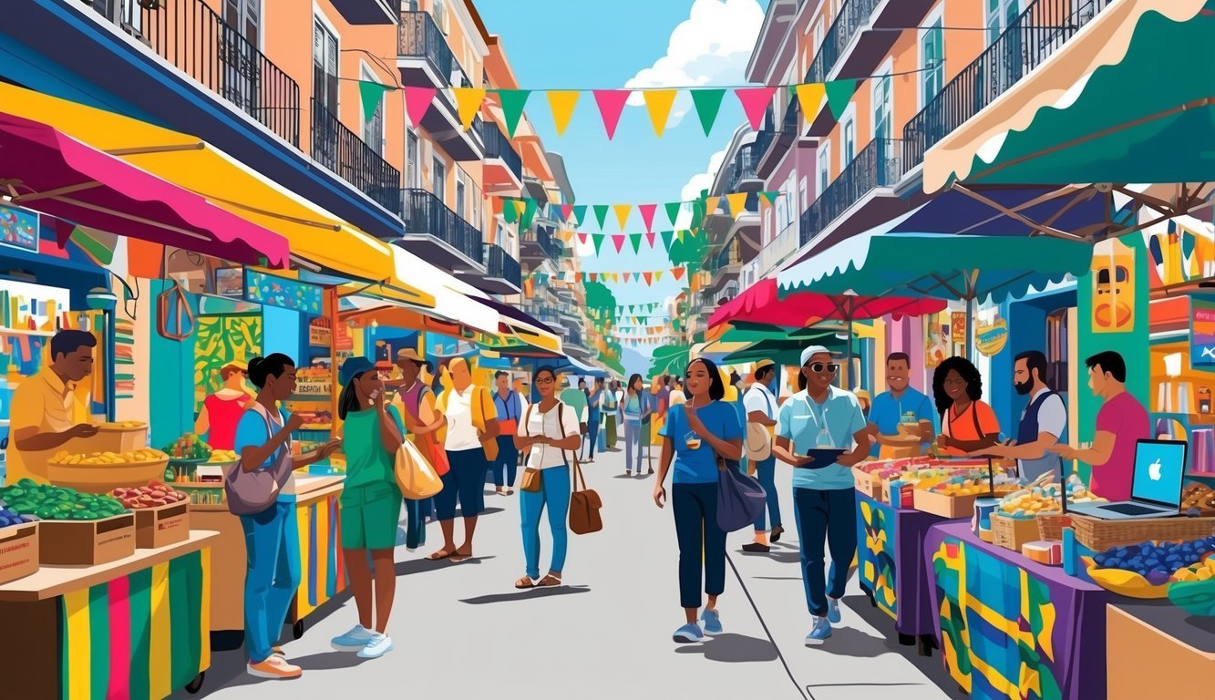 A bustling street market in Rio de Janeiro, with colorful stalls, live music, and locals mingling with digital nomads