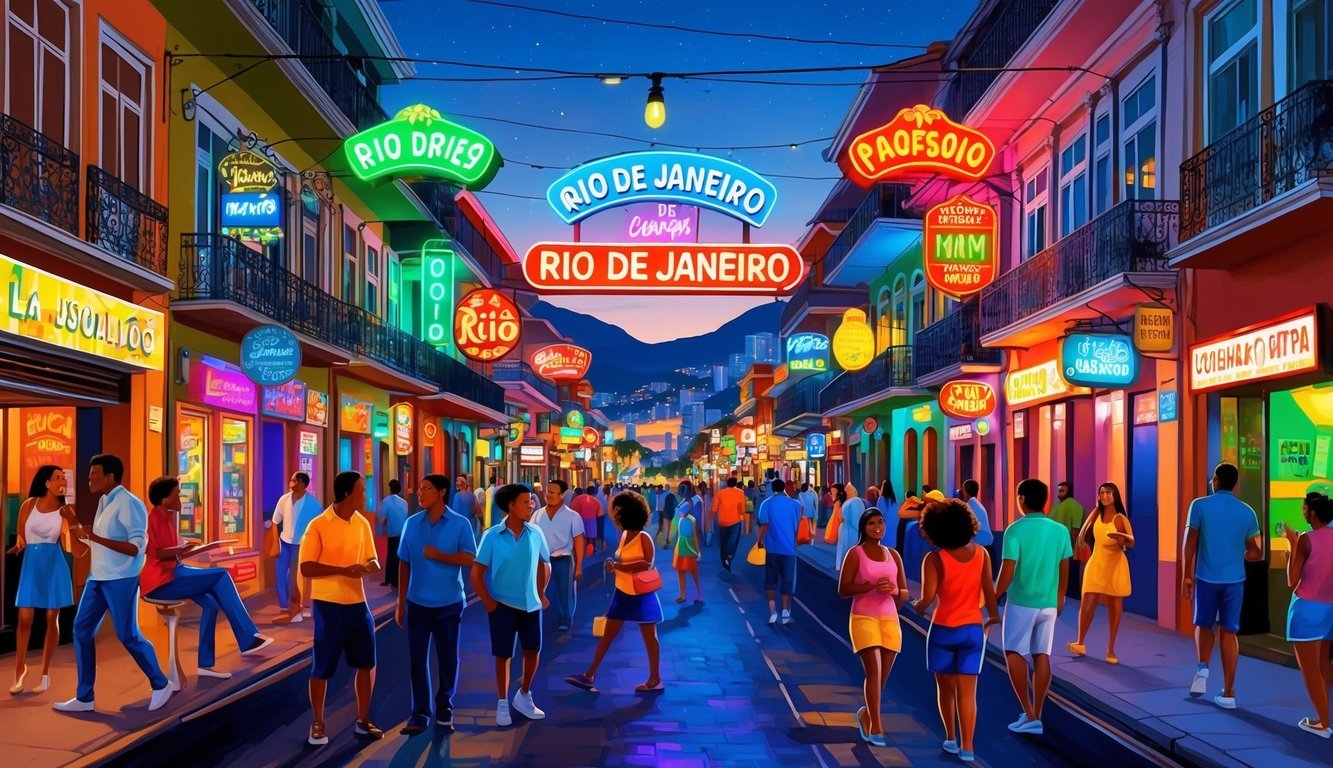 A bustling street in Rio de Janeiro at night, with colorful neon signs, lively music, and people enjoying the vibrant nightlife