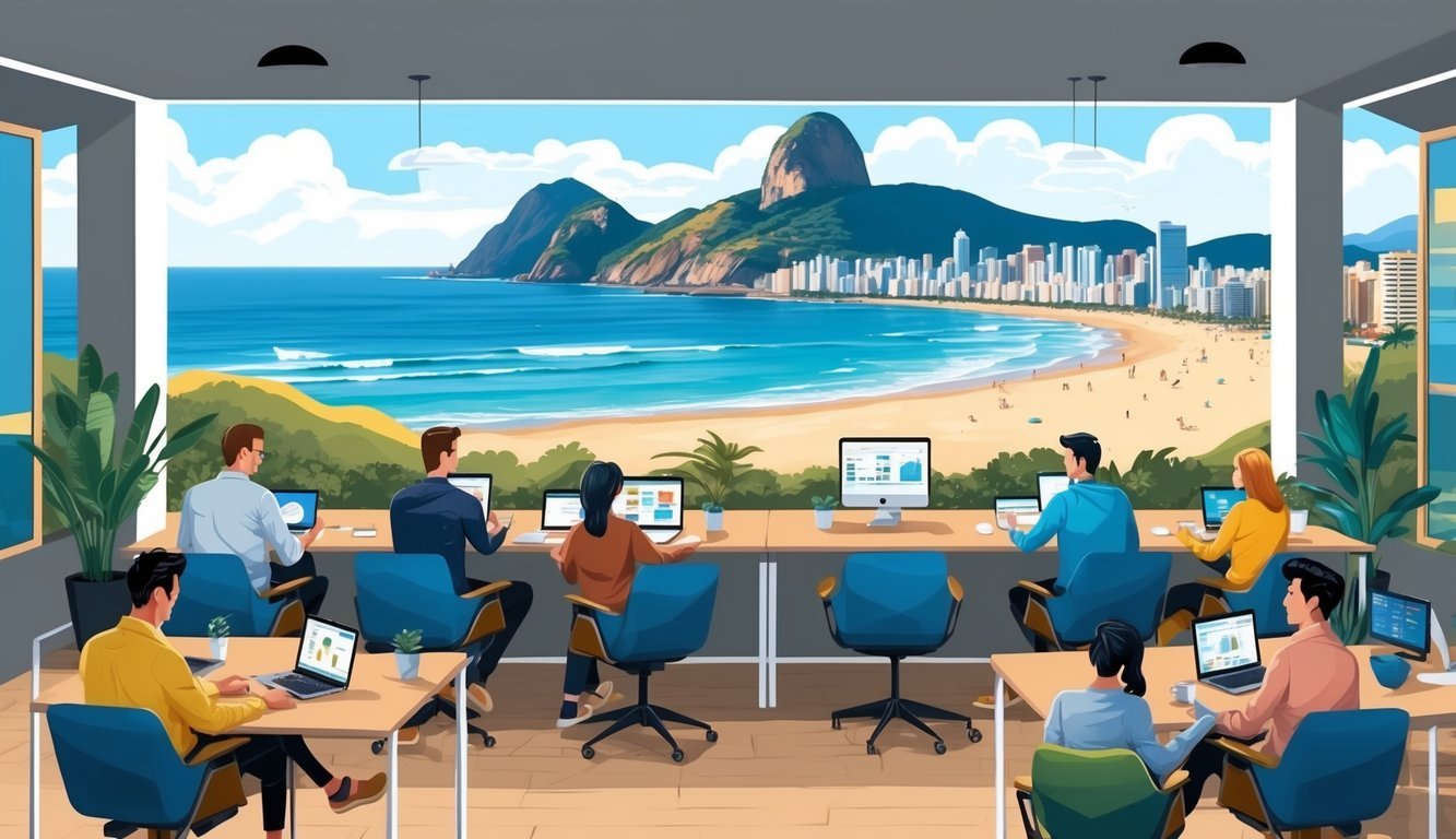 A bustling co-working space overlooks Rio's iconic beaches and mountains, with digital nomads engaged in language and communication