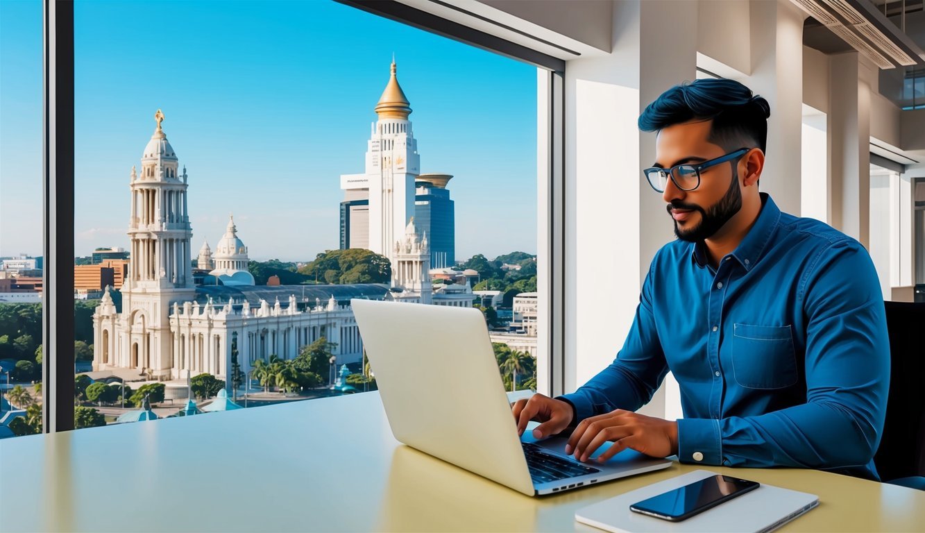 A digital nomad working on a laptop in a modern, open-plan office space with a view of Brasília's iconic architecture
