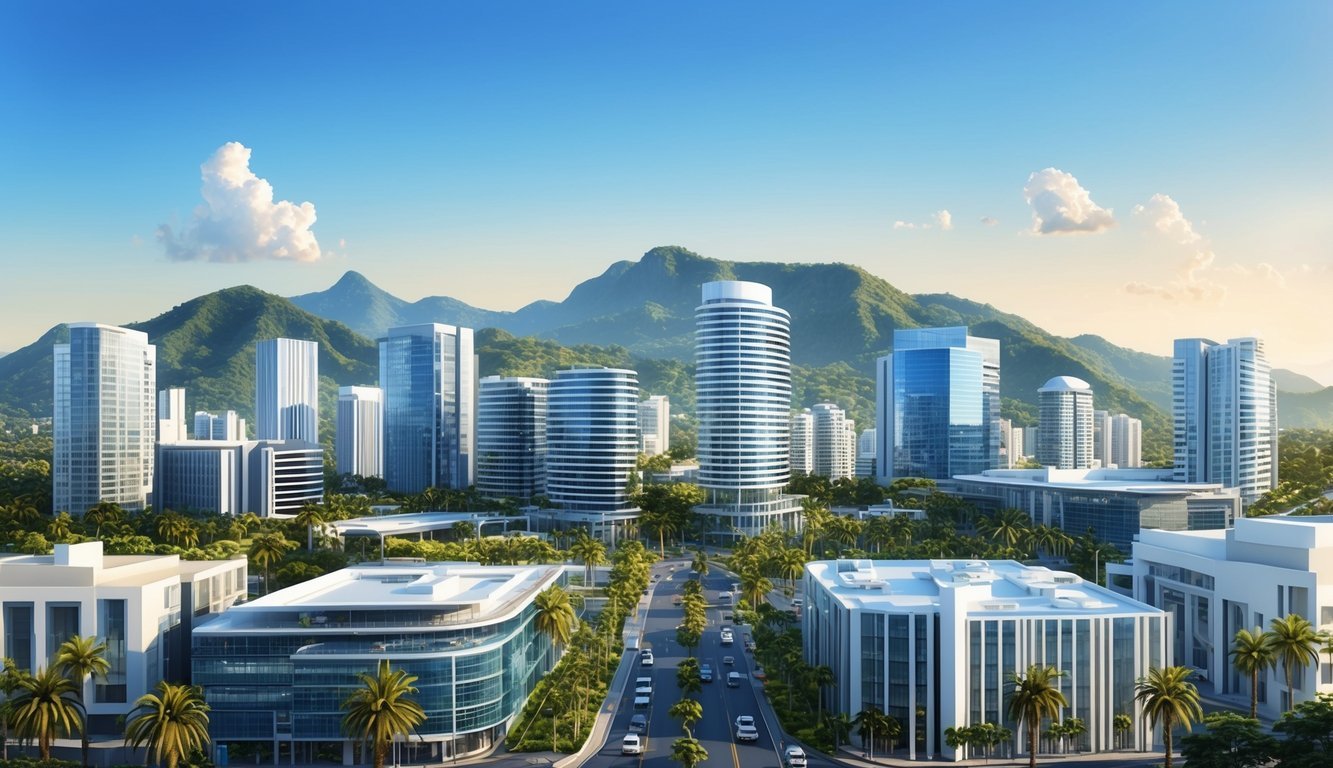 A bustling cityscape with modern buildings, palm trees, and a backdrop of lush mountains under a clear blue sky