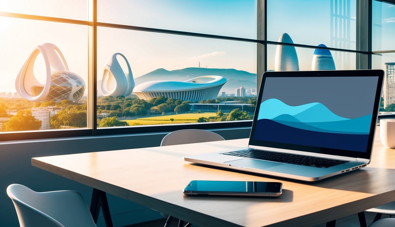 A laptop and smartphone on a table in a modern, sunlit coworking space with a view of Brasília's futuristic architecture