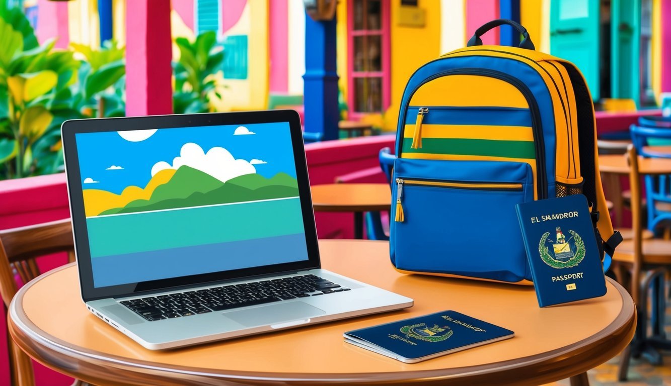 A laptop, smartphone, passport, and backpack on a table in a vibrant cafe in San Salvador, El Salvador