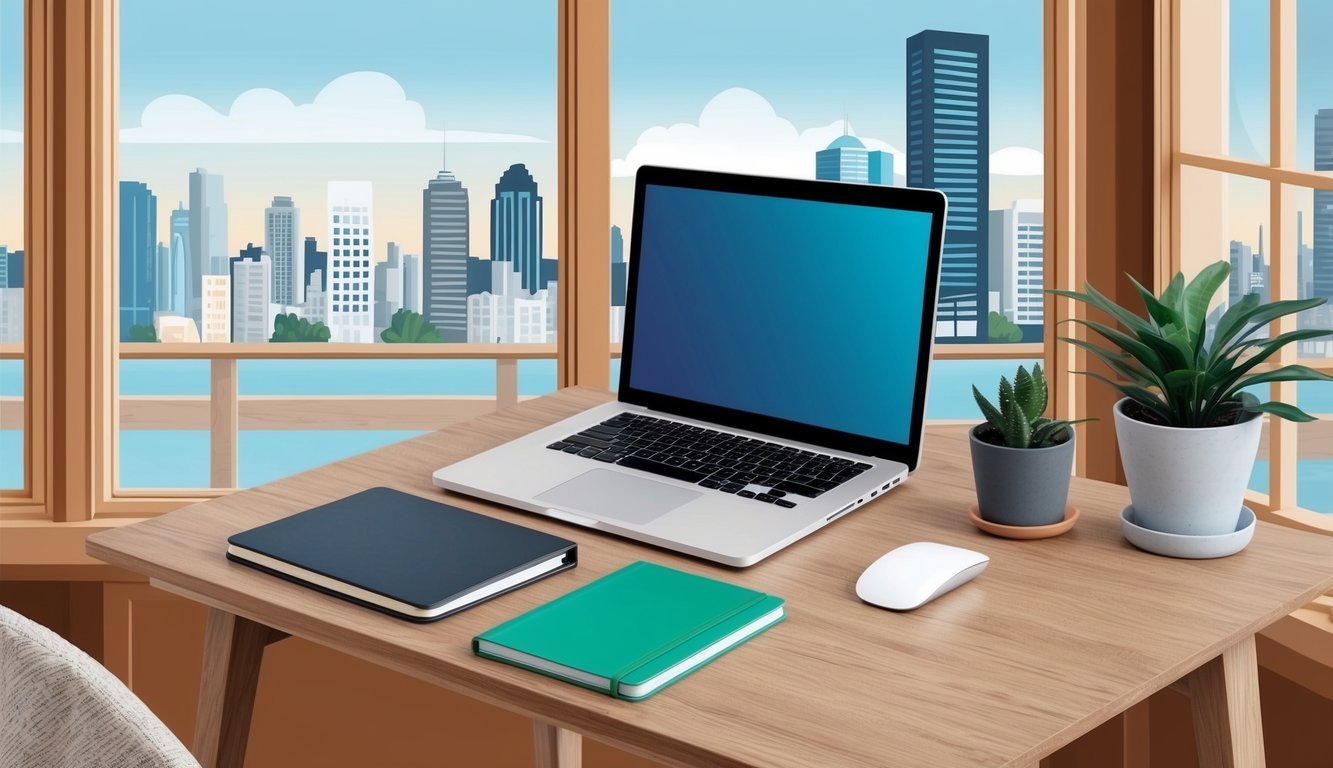 A laptop and notebook sit on a wooden desk with a view of the city skyline through a window.</p><p>A cozy chair and potted plant complete the workspace