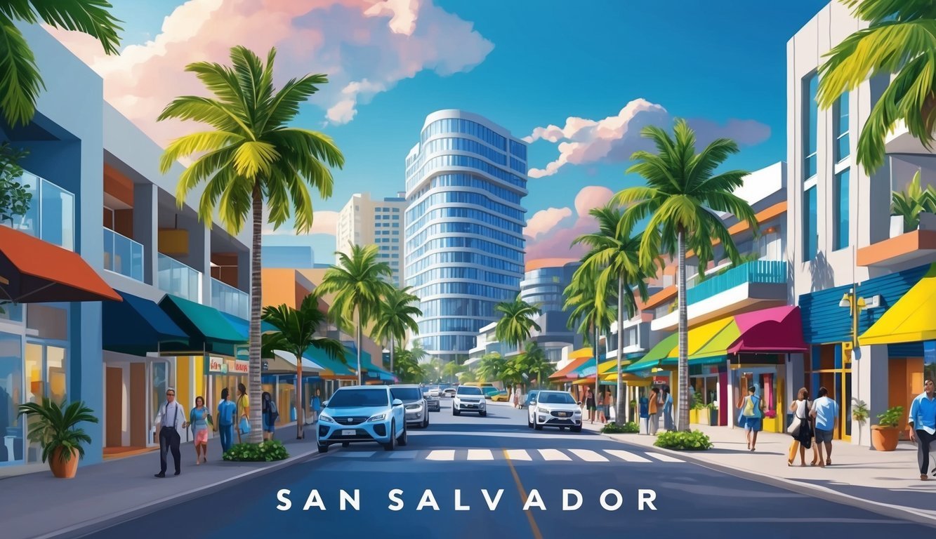 A bustling cityscape with modern buildings, palm trees, and a vibrant street scene in San Salvador, El Salvador