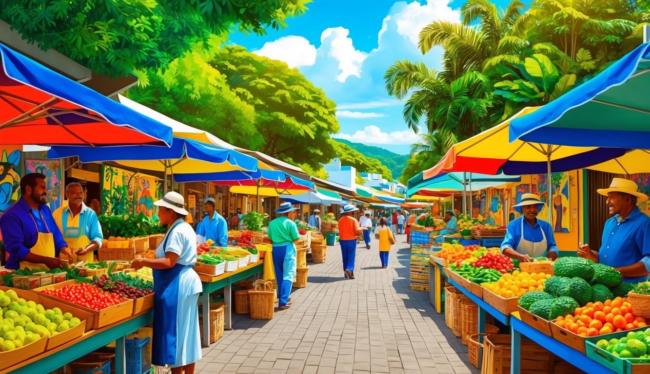 A bustling marketplace in Brazil, with colorful stalls selling local crafts and produce, surrounded by lush greenery and vibrant street art