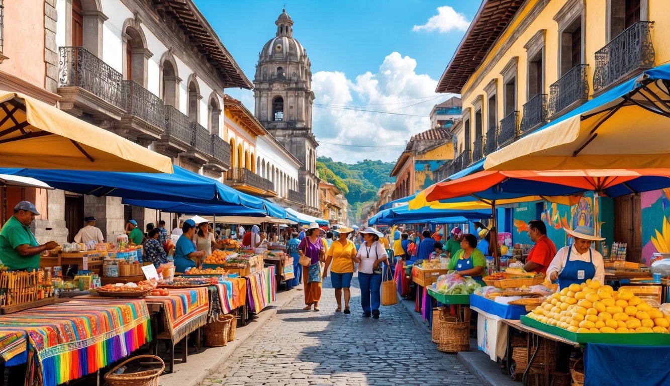 A bustling street market in San Salvador, with colorful textiles, traditional crafts, and local street food vendors, surrounded by vibrant murals and historic architecture