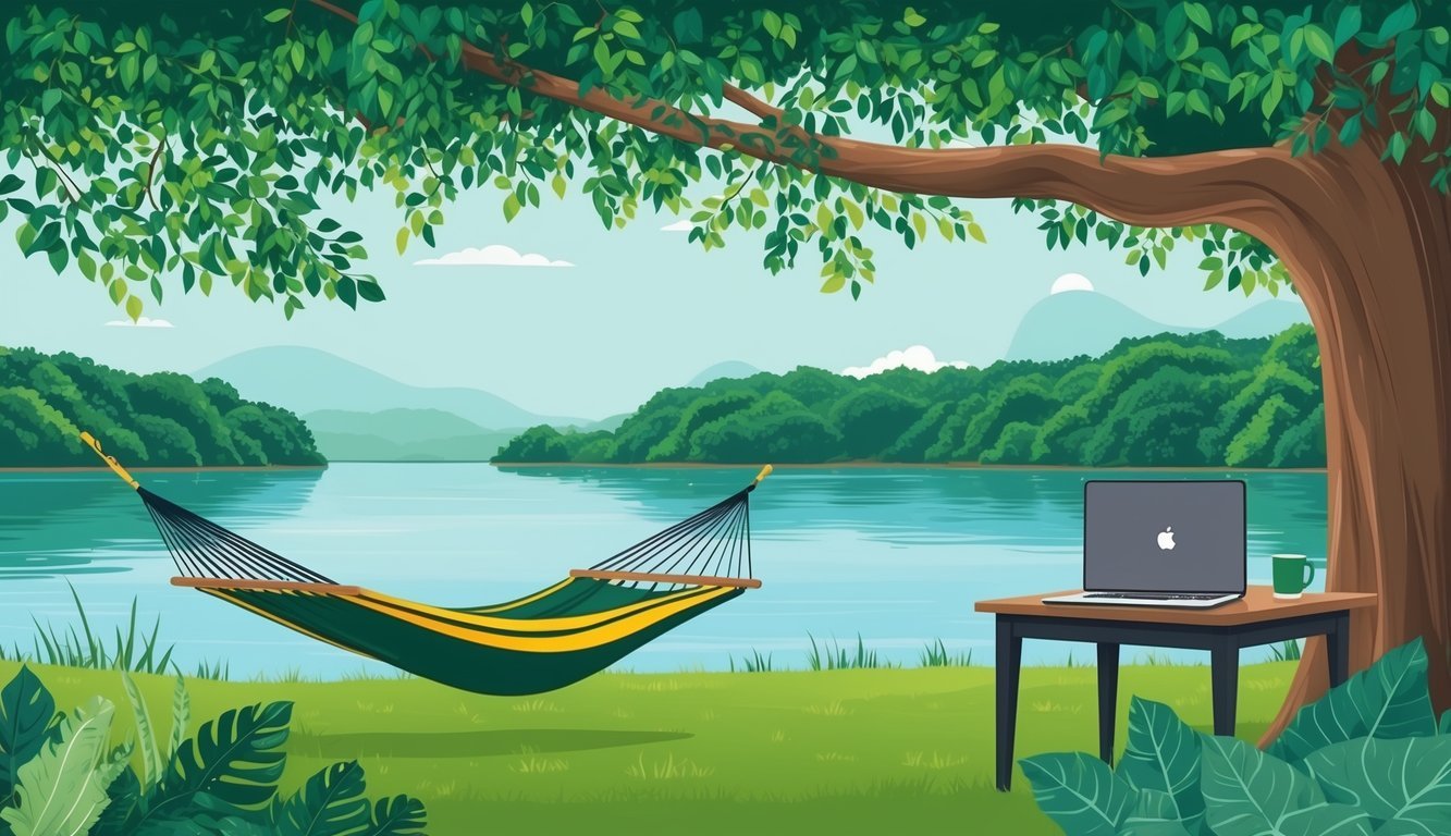 A tranquil lake surrounded by lush greenery, with a laptop and a hammock set up under a shady tree, showcasing the work-life balance for digital nomads in Brasília, Brazil