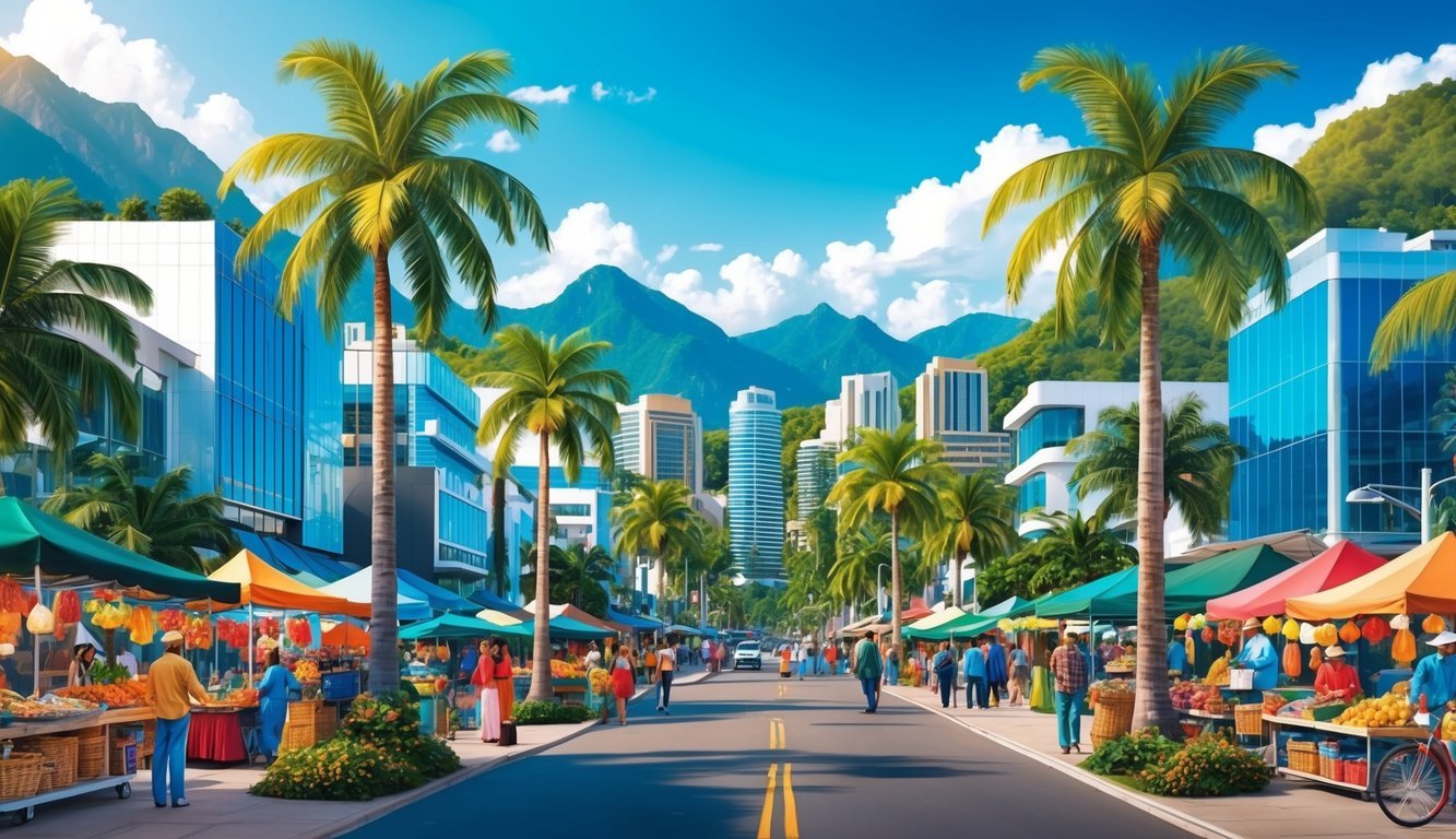 A bustling cityscape with modern buildings, palm trees, and vibrant street markets, surrounded by lush mountains and a clear blue sky