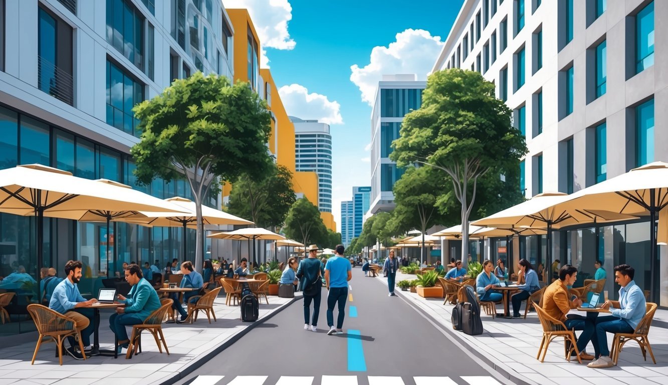 A bustling street in Brasília, Brazil, with modern buildings and outdoor cafes, surrounded by digital nomads seeking information