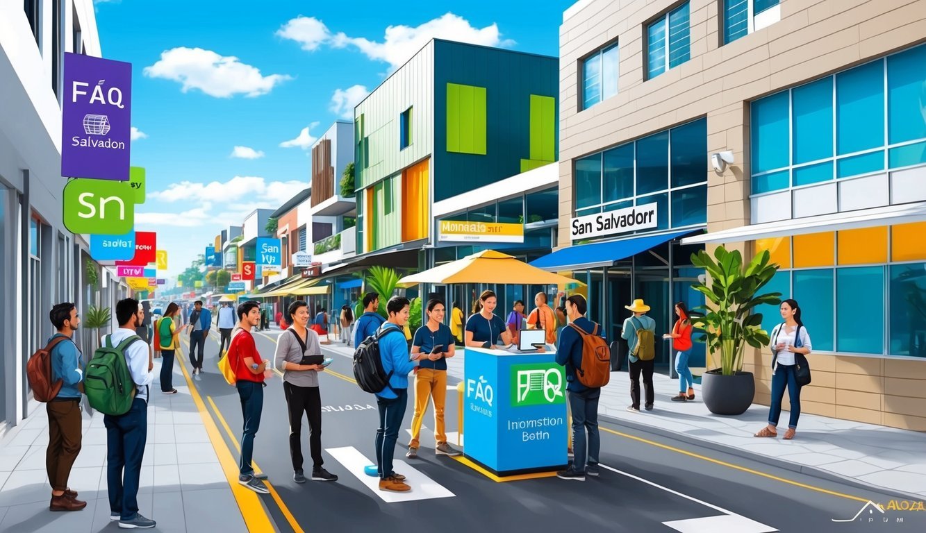 A bustling street in San Salvador, with modern buildings and colorful signs, as digital nomads gather at a FAQ information booth