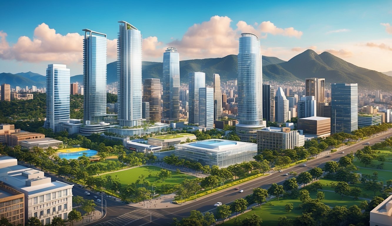 A bustling cityscape with modern skyscrapers, lush green parks, and a vibrant street scene, set against the backdrop of the Serra do Curral mountains