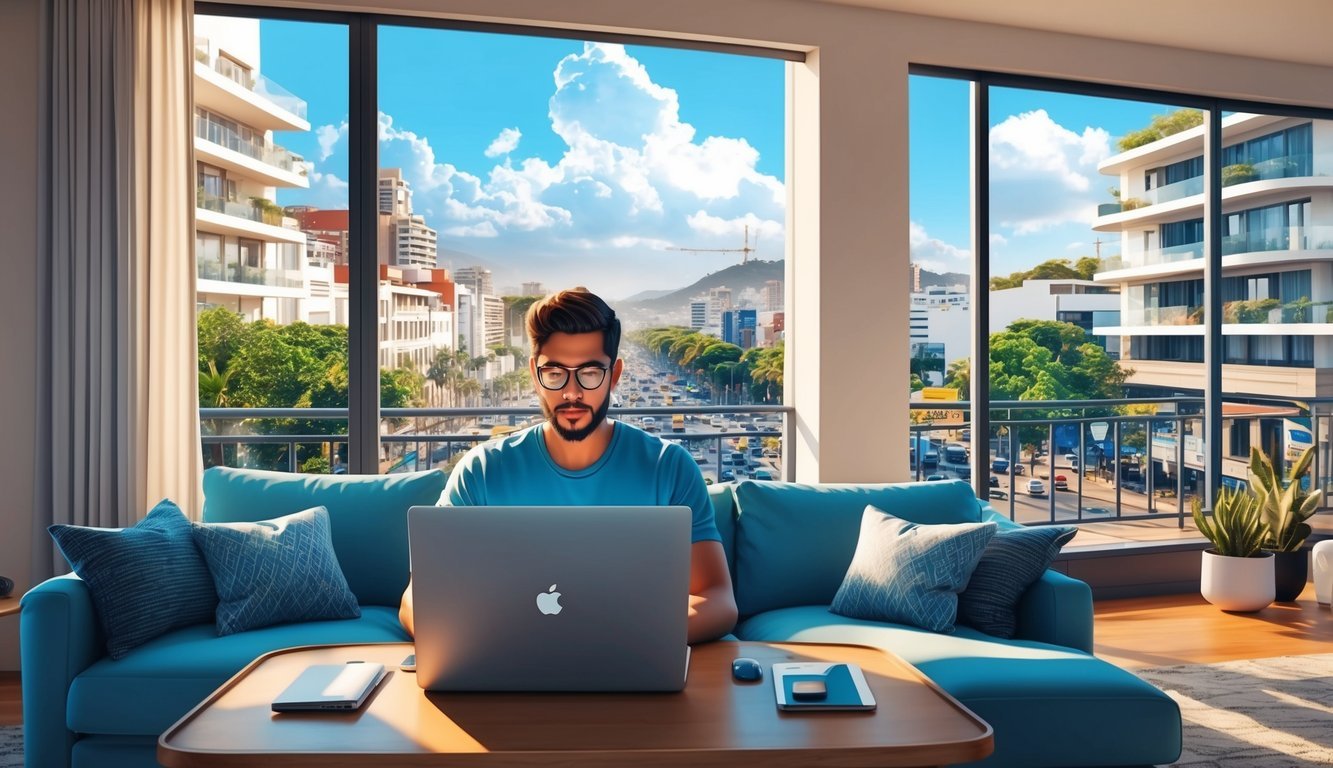 A digital nomad working on a laptop in a cozy and modern apartment with a view of the bustling streets of Belo Horizonte, Brazil