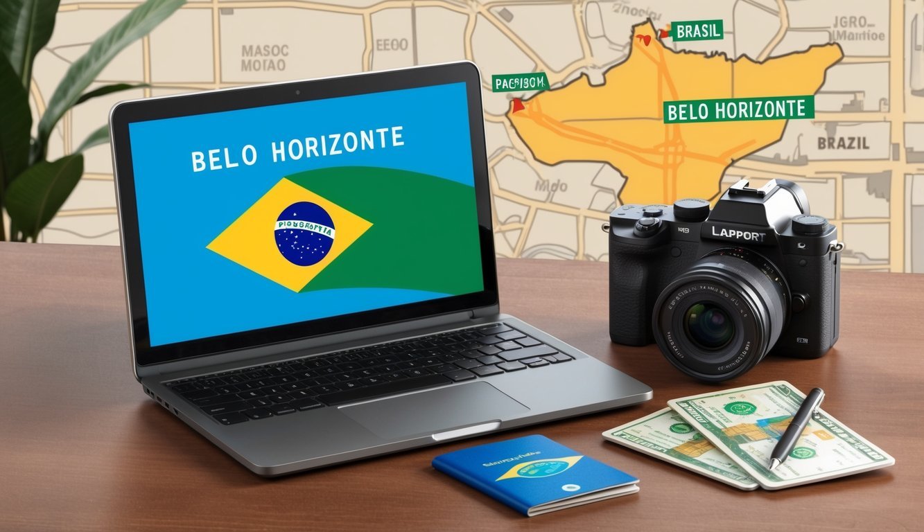 A laptop, passport, and camera on a table with a map of Belo Horizonte, Brazil in the background