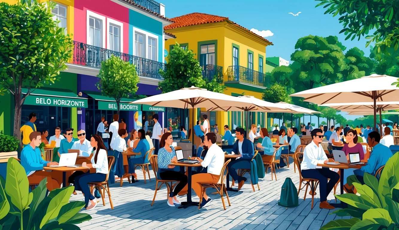 A bustling outdoor cafe in Belo Horizonte, Brazil, with people chatting, sipping drinks, and working on laptops.</p><p>Greenery and colorful buildings surround the scene