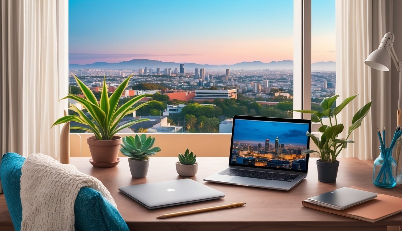 A cozy home office with a laptop, plants, and a view of Belo Horizonte's cityscape