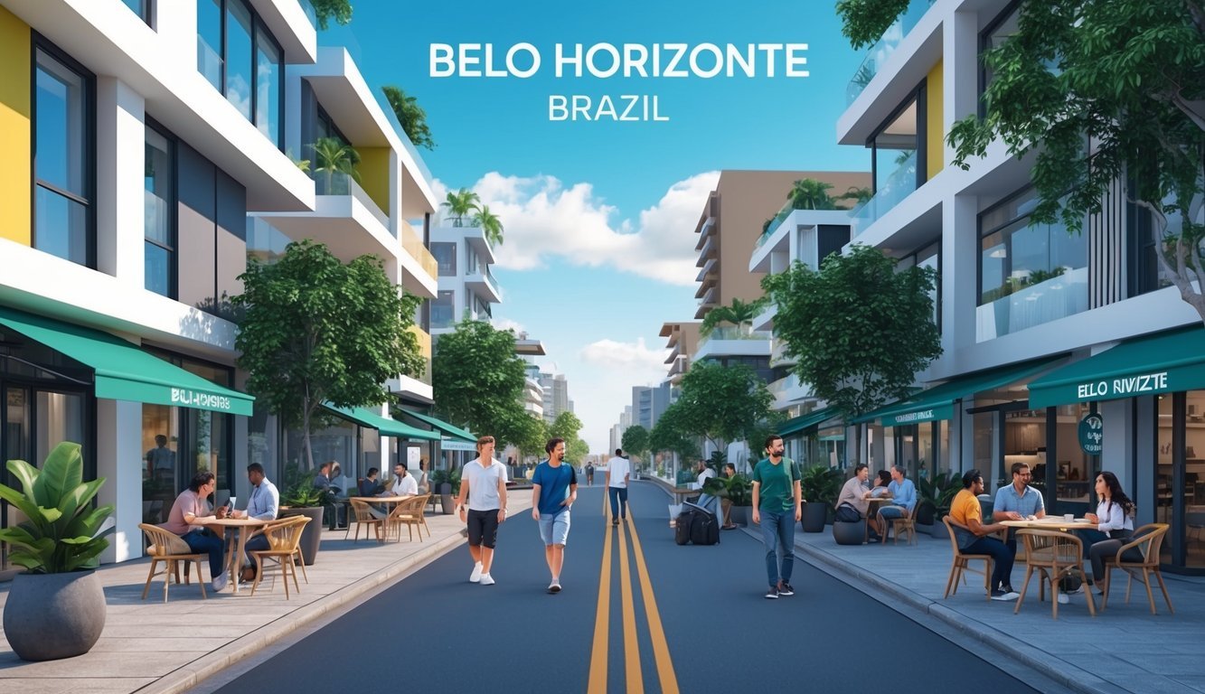 A bustling street in Belo Horizonte, Brazil, with modern buildings and a mix of locals and digital nomads exploring cafes and coworking spaces