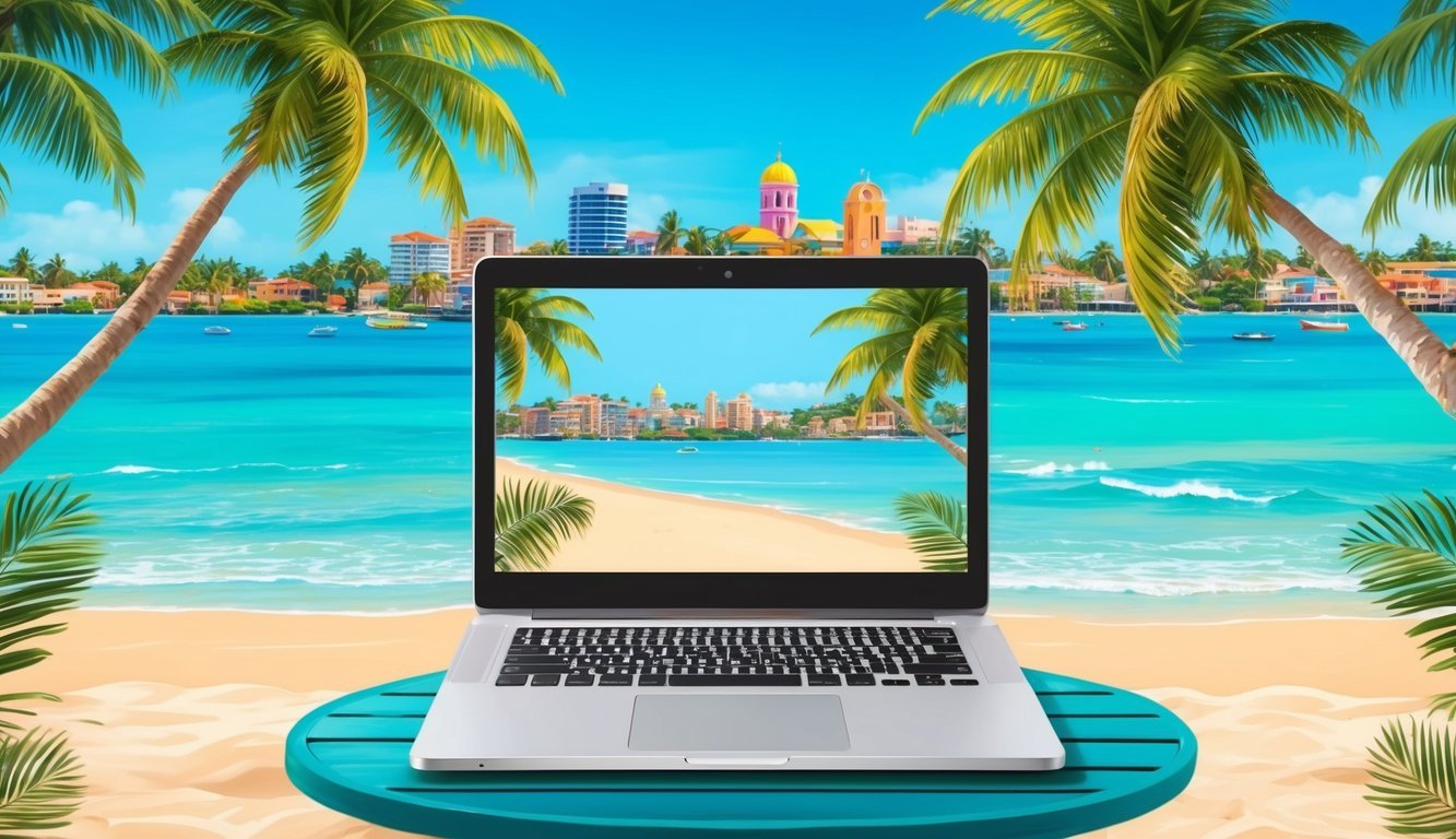 A laptop on a beachside table, surrounded by palm trees and turquoise waters, with a view of the vibrant city of Kingston in the background