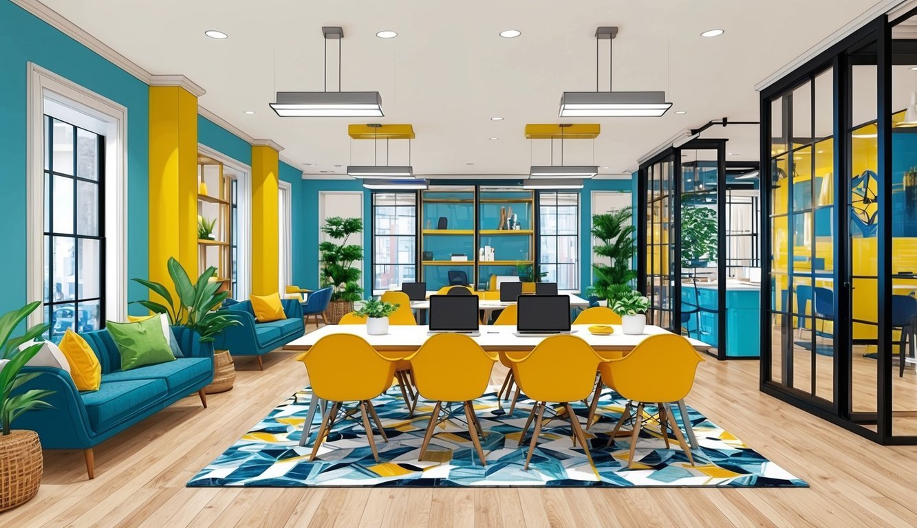 A bustling co-working space in Kingston, Jamaica with high-speed internet, modern amenities, and vibrant decor
