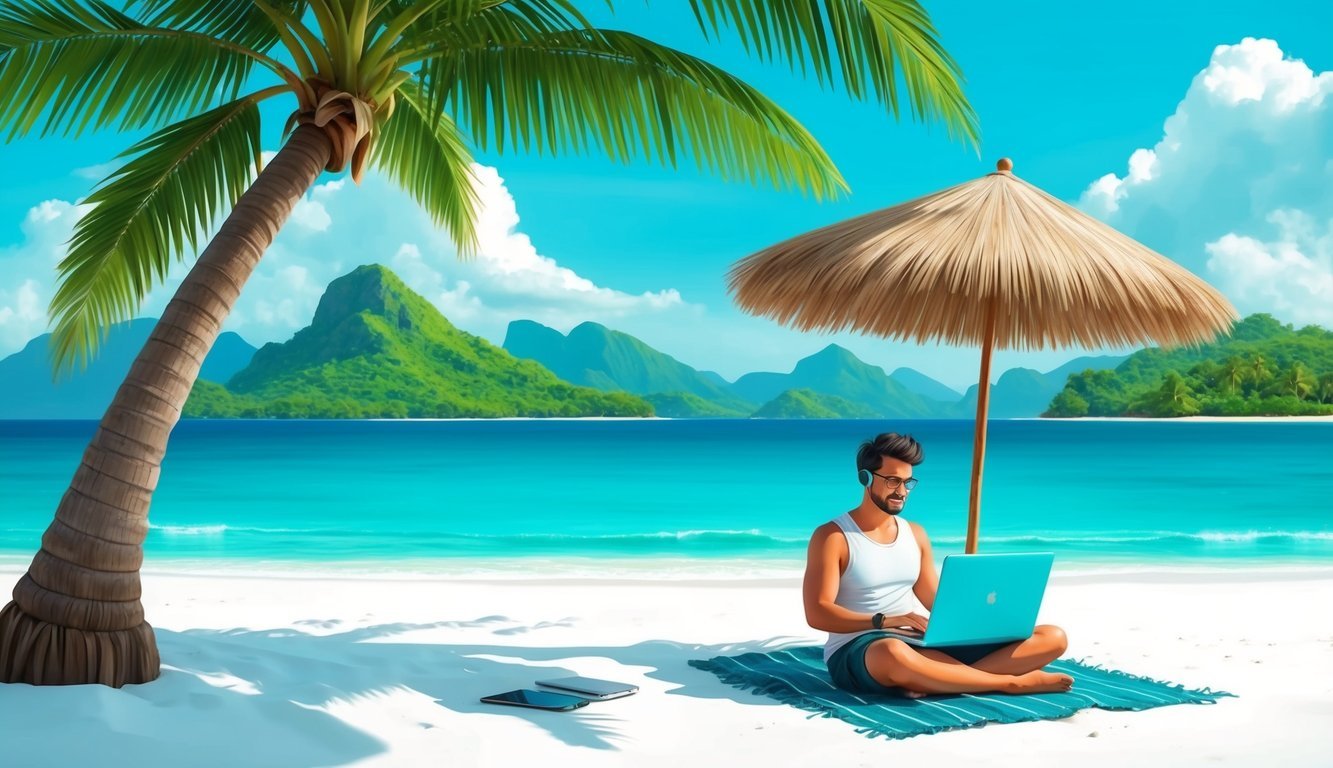 A digital nomad works on a laptop under a shaded palm tree on a white sand beach, with turquoise waters and lush green mountains in the background