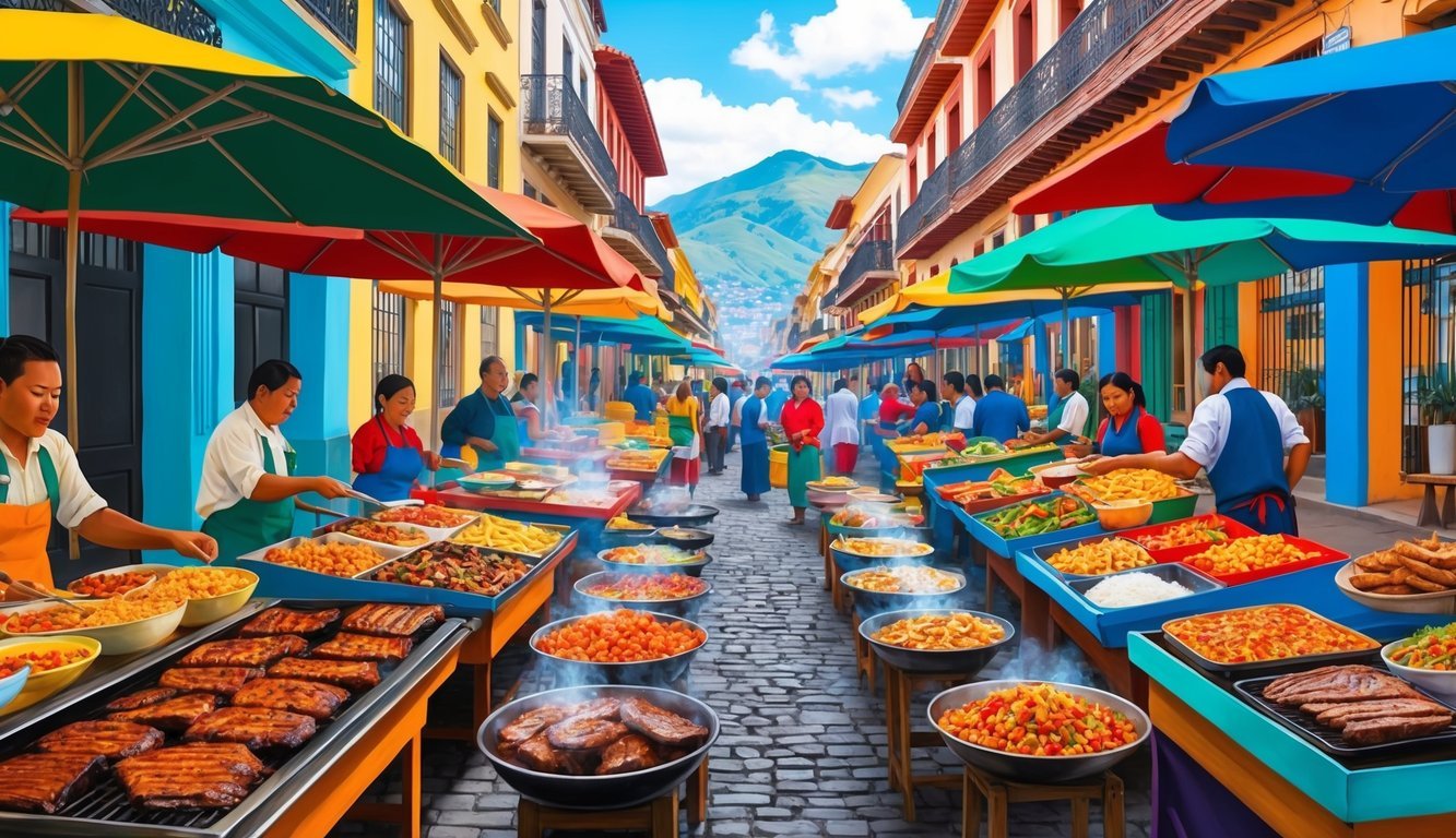 A bustling street market in Lima, Peru, filled with colorful stalls offering traditional Peruvian dishes and beverages.</p><p>The aroma of sizzling meats and spices fills the air