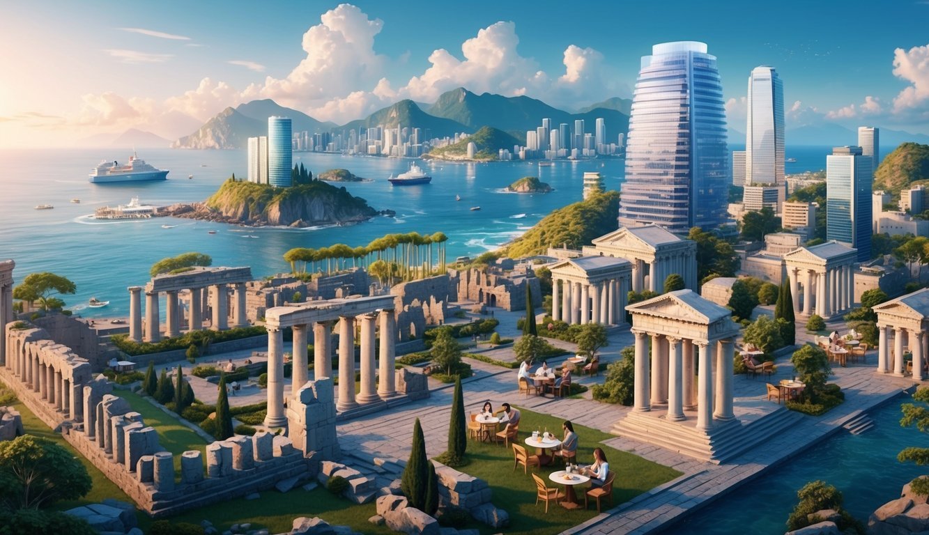 A bustling cityscape with ancient ruins and modern skyscrapers, surrounded by mountains and ocean, with digital nomads working in outdoor cafes