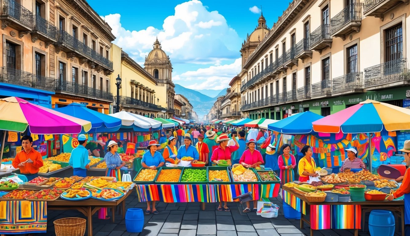 A bustling market in Lima, Peru with colorful textiles, street food vendors, and lively music, surrounded by historic buildings and vibrant street art