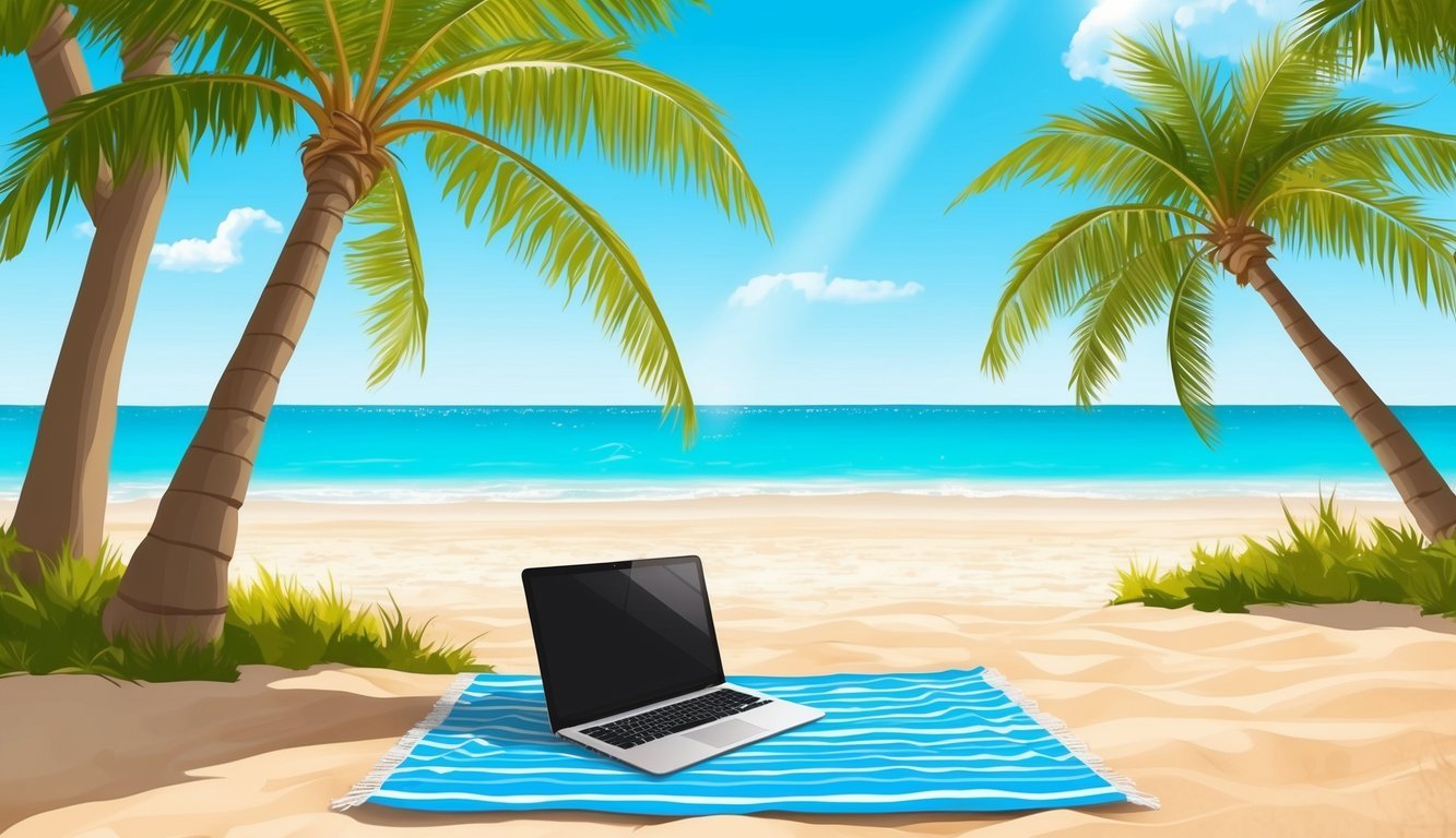 A sunny beach with palm trees, clear blue water, and a laptop on a beach towel