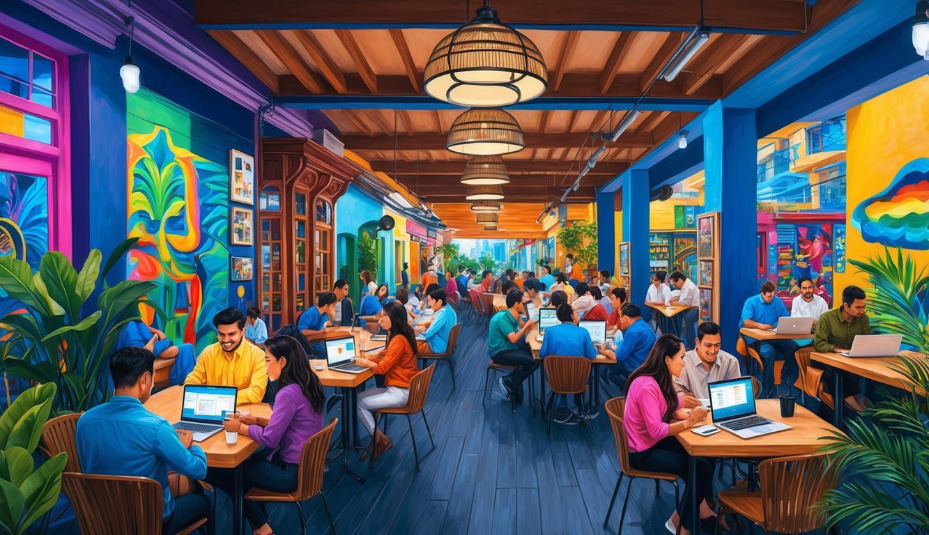 A bustling coffee shop filled with people working on laptops, surrounded by colorful street art and vibrant city life in Lima, Peru