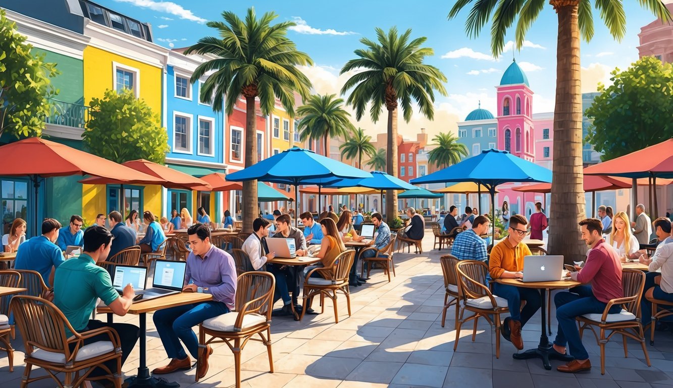 A bustling outdoor cafe with people working on laptops, palm trees, and colorful buildings in the background
