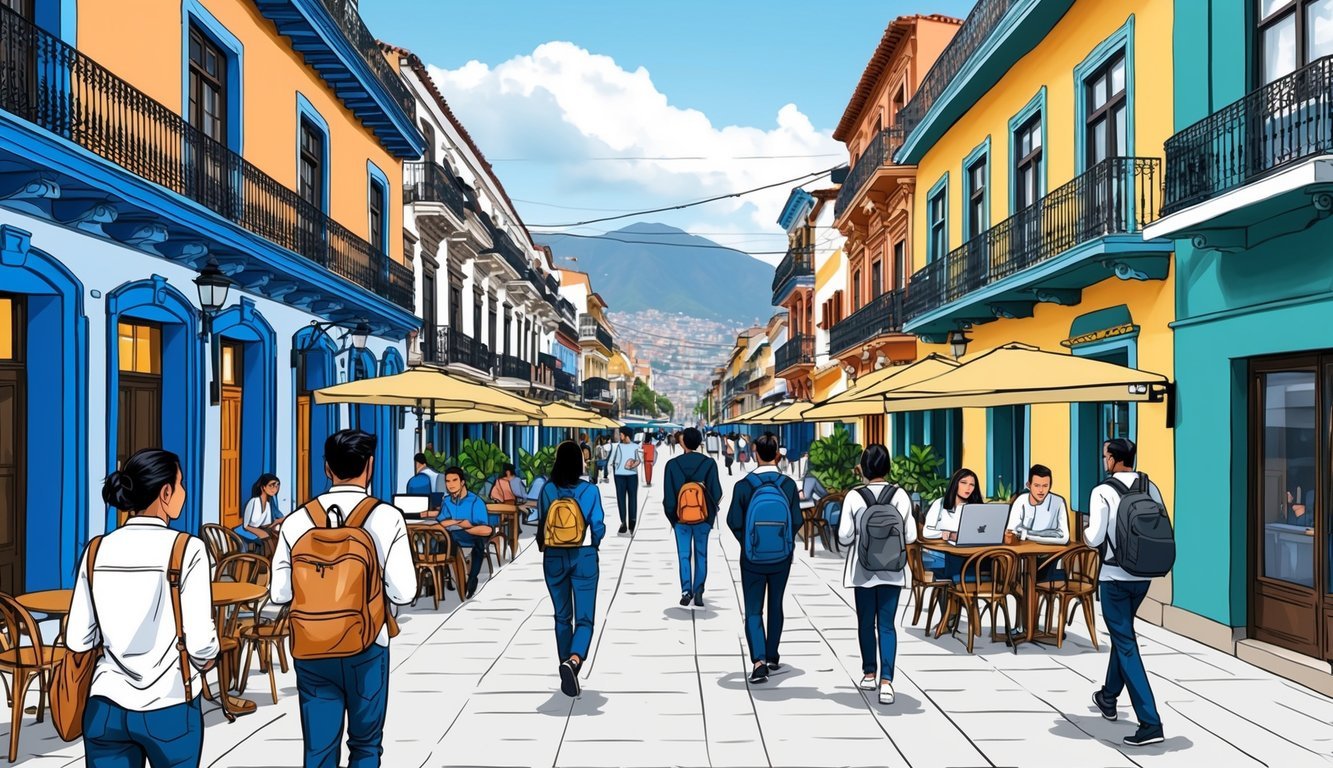 A bustling street in Lima, Peru with a mix of traditional and modern buildings, cafes, and co-working spaces.</p><p>People with laptops and backpacks are seen walking around