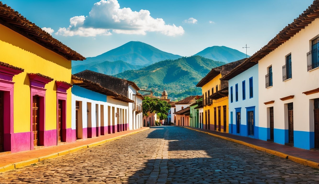 The cobblestone streets of Antigua, Guatemala, are bathed in warm sunlight as colorful colonial buildings stand against a backdrop of lush green mountains.</p><p>The sky is clear, with occasional fluffy white clouds drifting by
