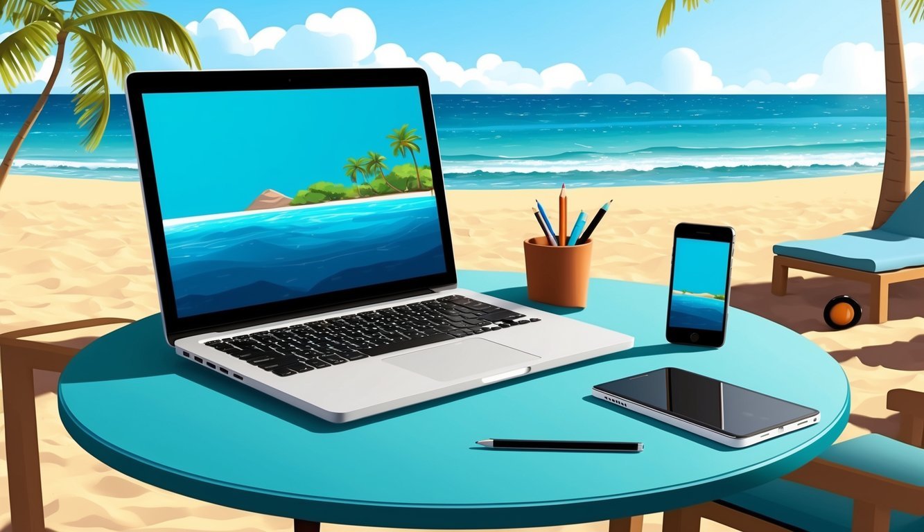 A laptop, notebook, and smartphone on a beachside table with a view of the ocean and palm trees in the background