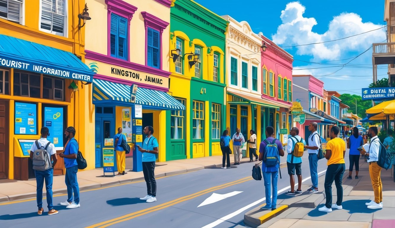 A bustling street in Kingston, Jamaica with colorful buildings and signs, surrounded by digital nomads seeking information at a tourist information center
