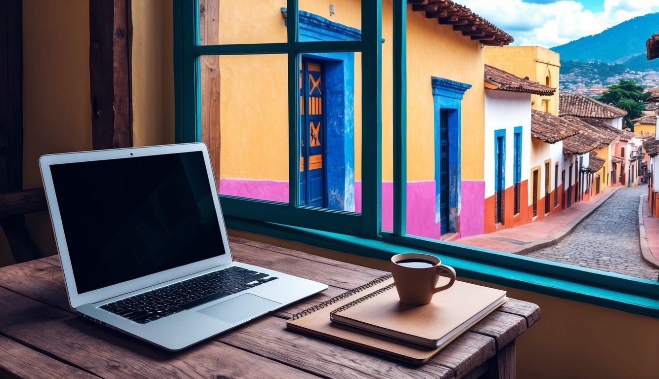 A laptop, notebook, and coffee cup sit on a rustic wooden desk with a view of the vibrant streets of Antigua Guatemala through an open window