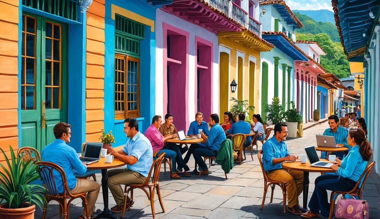 A bustling cafe in Antigua, with locals and expats chatting over coffee and laptops, surrounded by colorful colonial architecture
